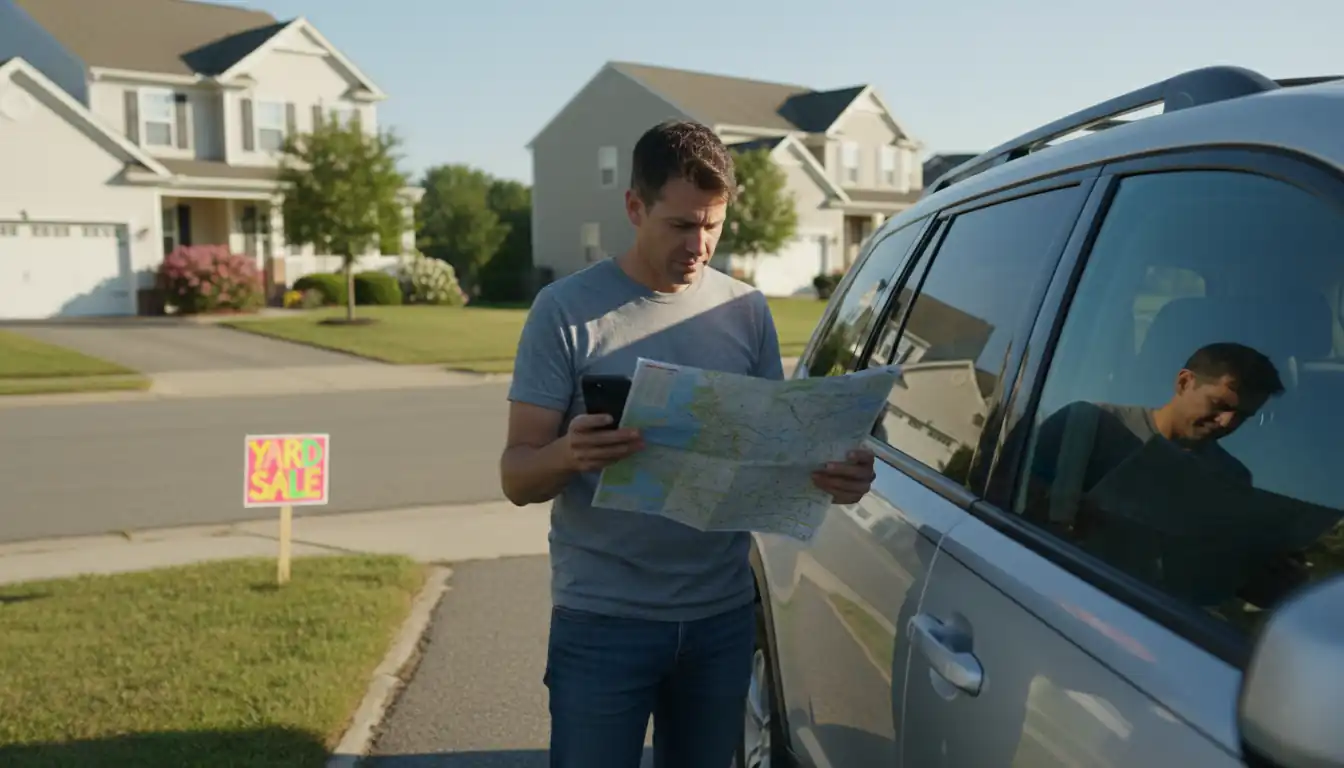 A person planning a route on a map next to a car in a suburban neighborhood with yard sale signs.