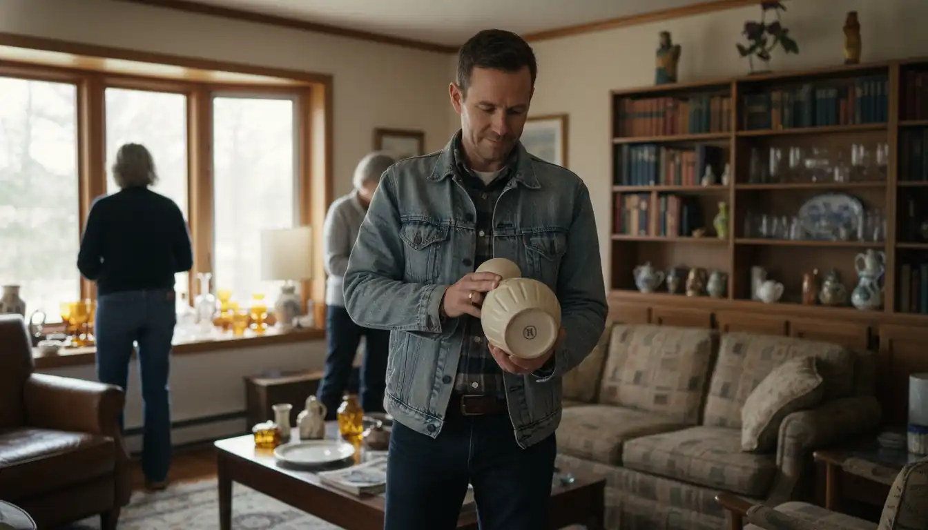 A person inspecting the bottom of a vintage ceramic vase at a crowded indoor estate sale.