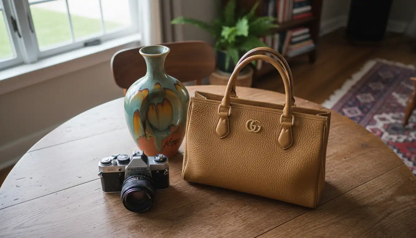 A collection of vintage items including a film camera, designer handbag, and ceramic vase on a wooden table.