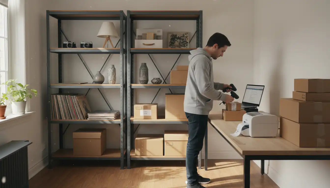 A person organizing vintage inventory and shipping supplies in a bright, professional home office workspace.