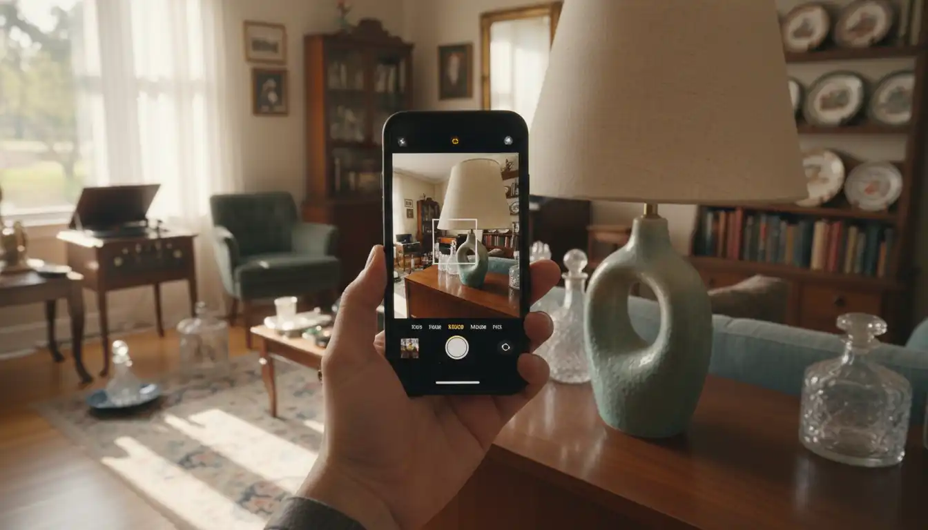 A person using a smartphone to photograph a vintage lamp at an indoor estate sale for appraisal.
