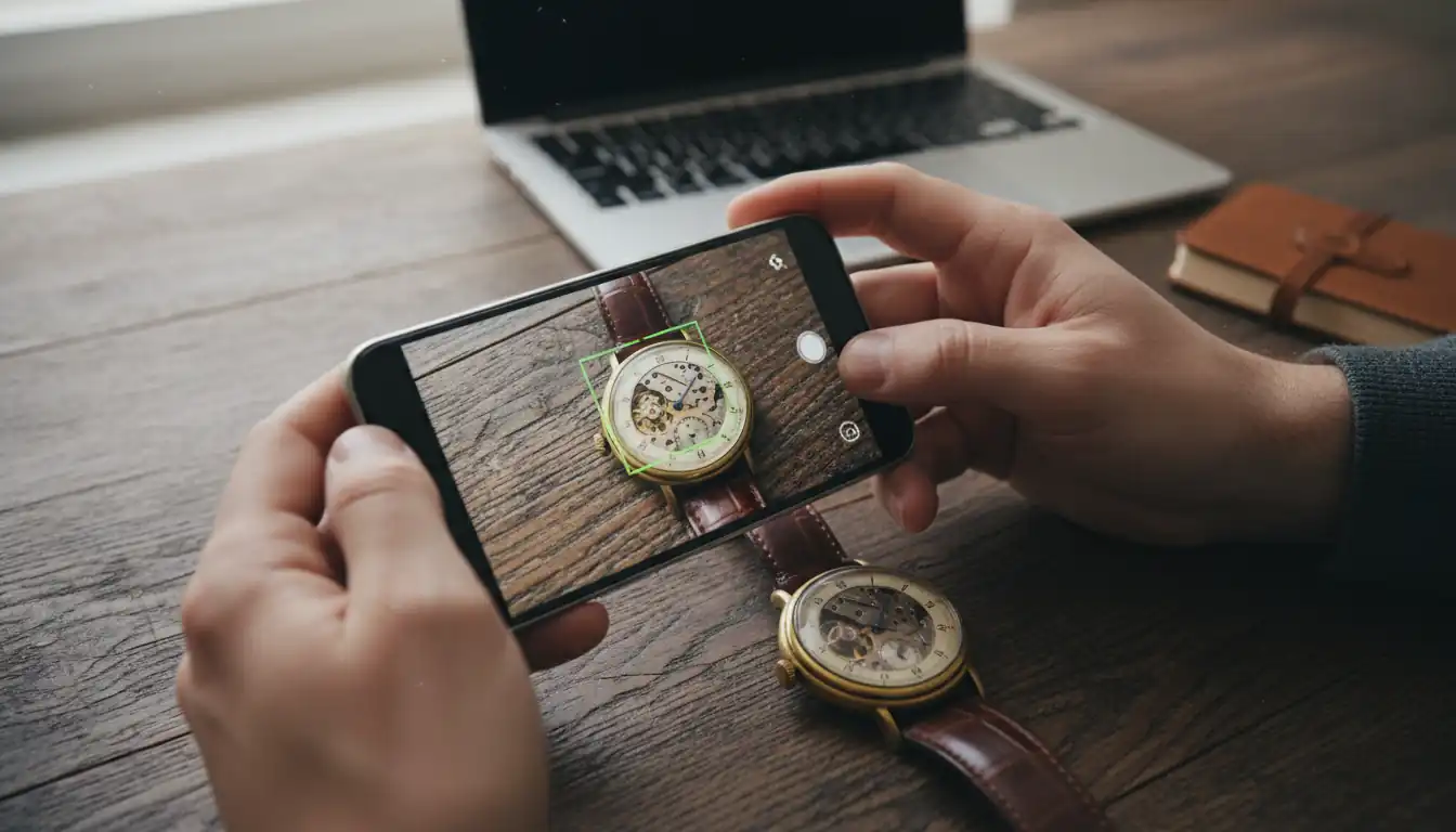 Hands using a smartphone to photograph a vintage watch on a wooden desk for digital cataloging.