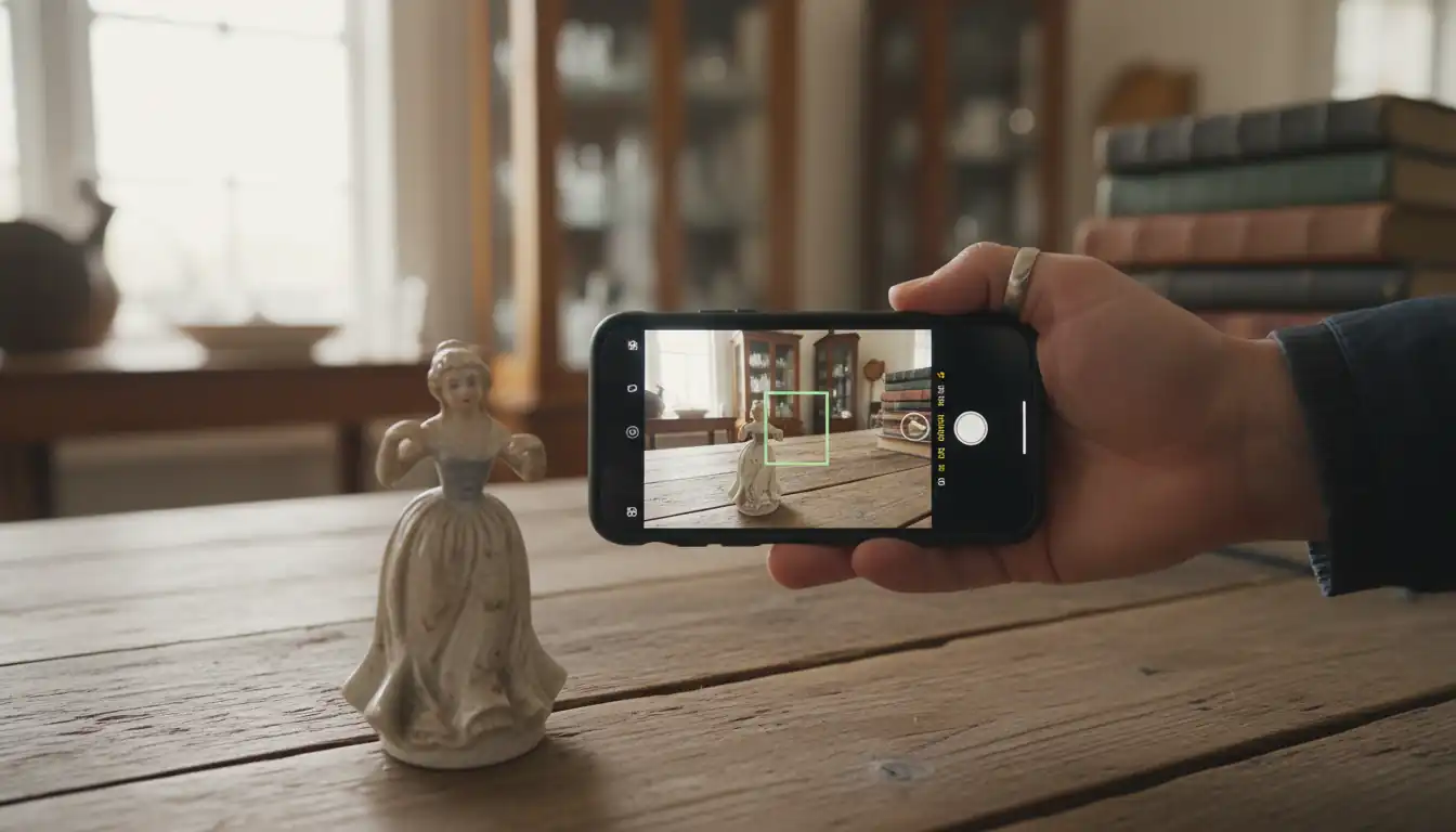 A person using a smartphone to scan a vintage porcelain figurine at an indoor estate sale.
