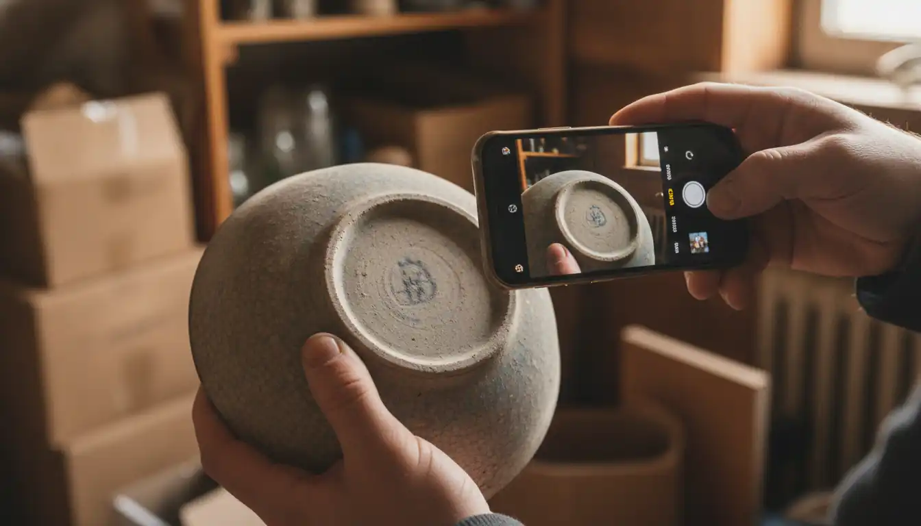 A person using a smartphone to photograph a faded pottery mark on the bottom of a dusty ceramic bowl.