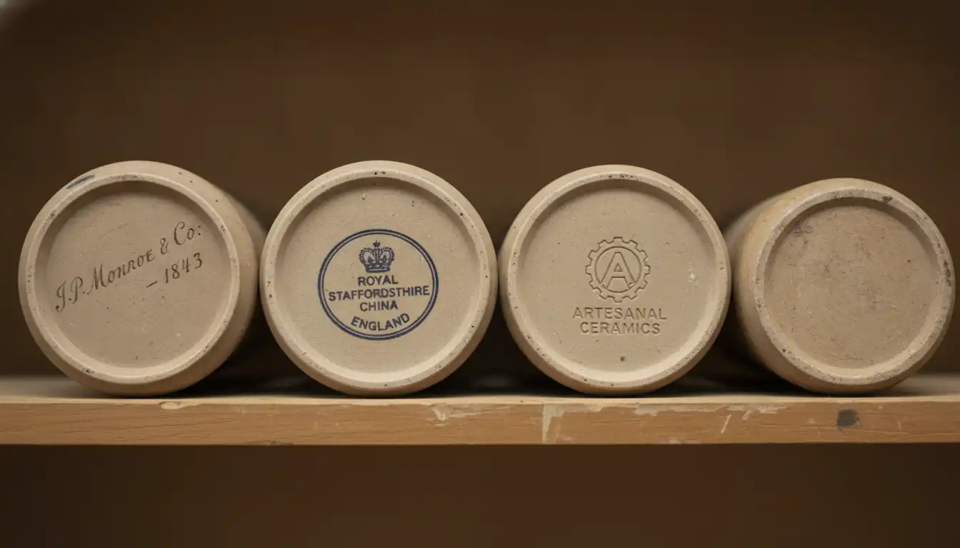 Four ceramic bowl bases showing different historical maker's marks on a wooden shelf.