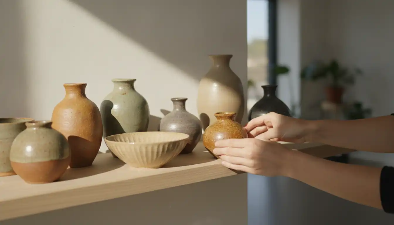 Hands arranging a collection of vintage pottery vases and bowls on a wooden shelf in a bright room.