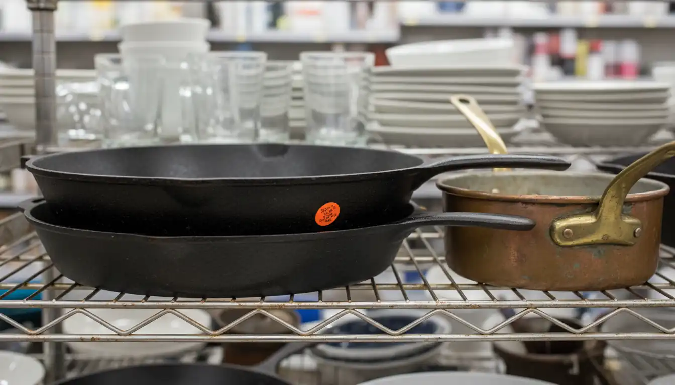 Vintage cast iron skillets and a tarnished copper pot on a metal thrift store shelf.