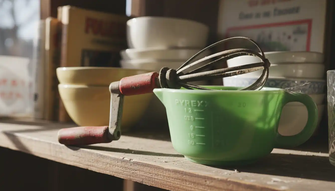 Close-up of vintage kitchen collectibles like an egg beater and jadeite cup on a thrift store shelf.