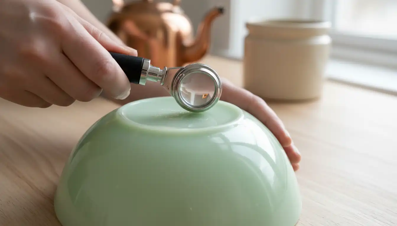 Close-up of hands using a magnifying loupe to inspect the mark on a vintage jadeite bowl.