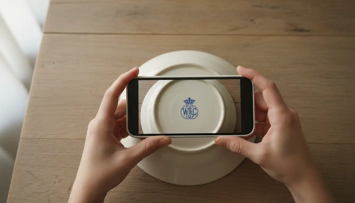 Hands holding a smartphone to photograph a blue maker's mark on the bottom of a porcelain plate.