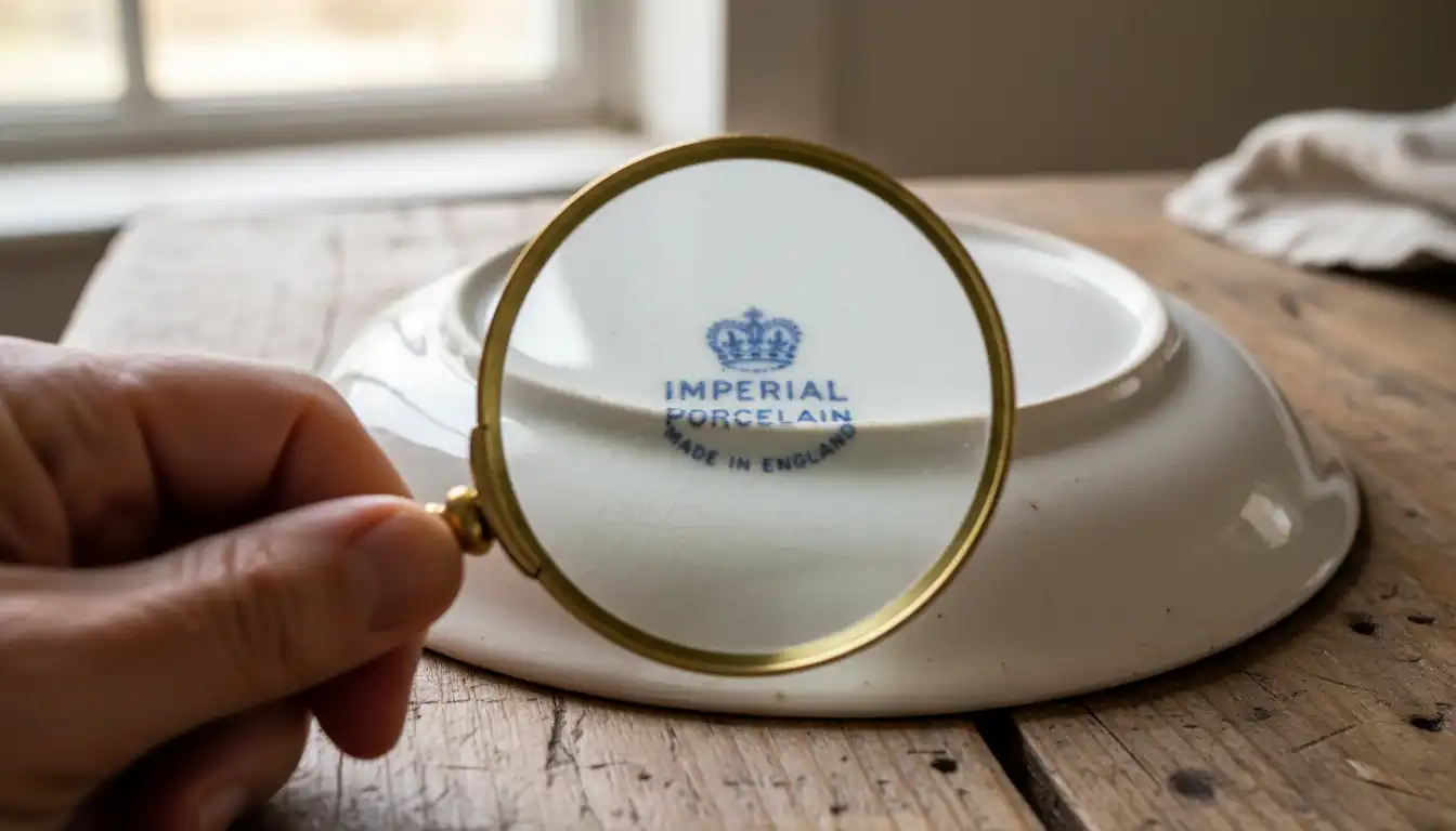 Close-up of a vintage ceramic plate's underside showing a maker's mark being inspected with a magnifying glass.