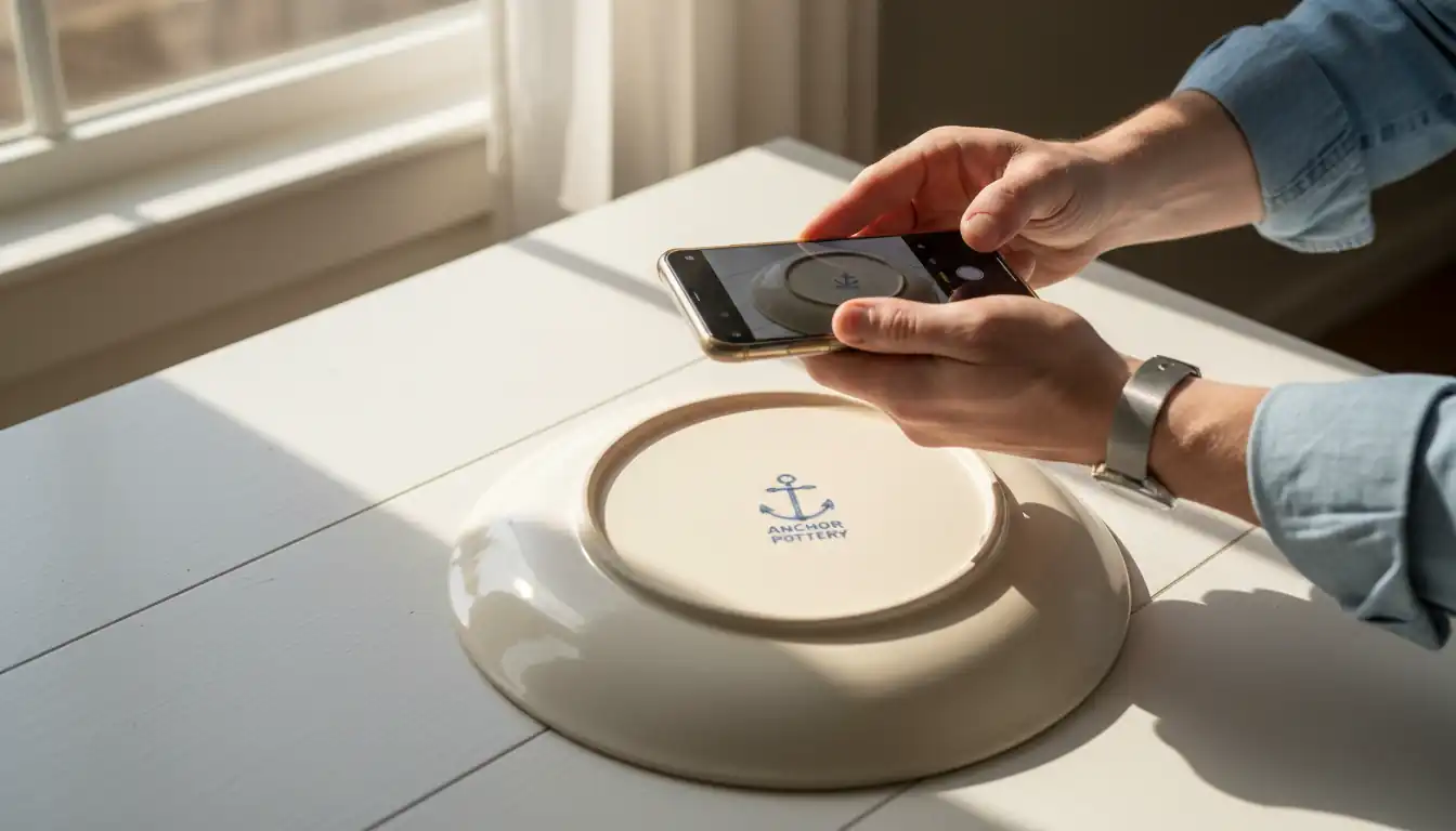 A person taking a smartphone photo of an antique ceramic platter's maker's mark for an online sale.