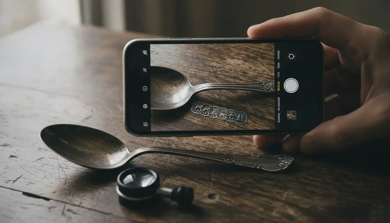 Person using a smartphone camera to identify hallmarks on an antique silver spoon on a wooden table.