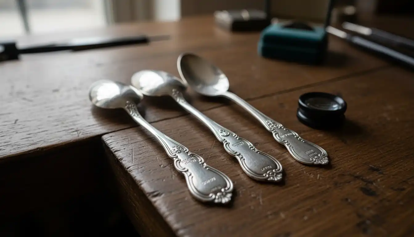 Three antique silver spoons on a wooden workbench showing distinct regional hallmarks for London, Birmingham, and Sheffield.