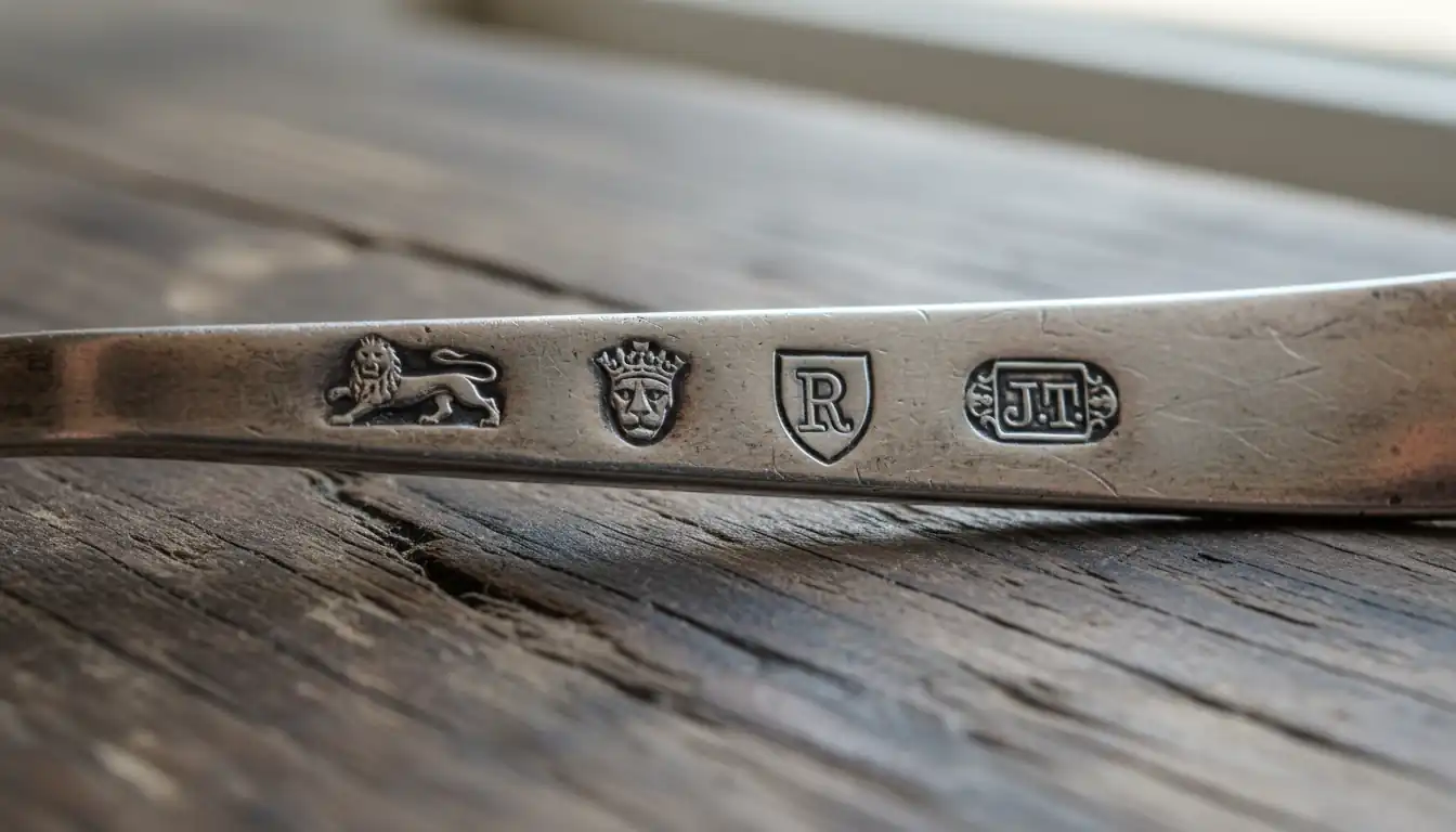 Close-up of four British hallmarks stamped into a vintage silver spoon on a wooden surface.