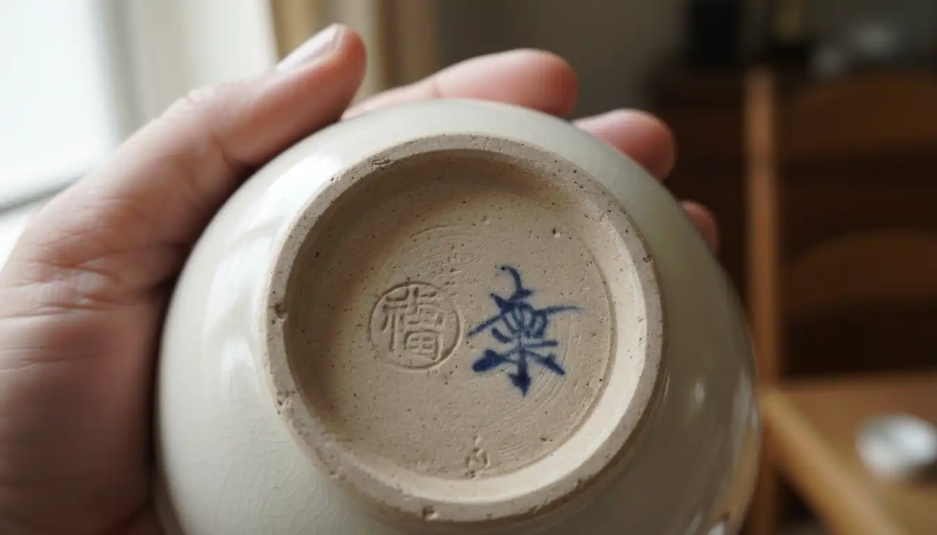 Close-up of a vintage ceramic bowl's underside showing an impressed potter's mark and blue signature.