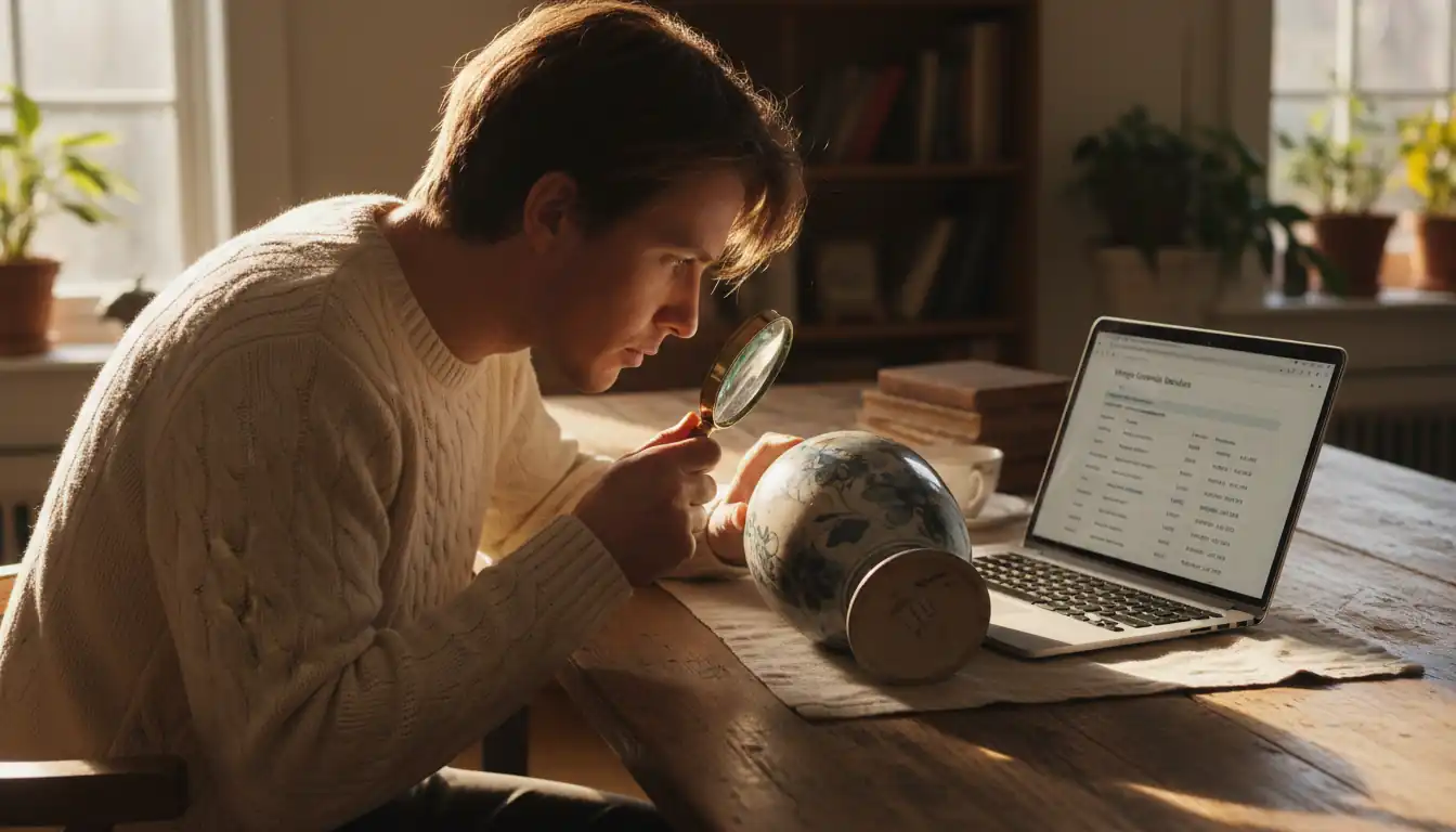 A person using a magnifying glass to inspect a vintage ceramic vase next to an open laptop.