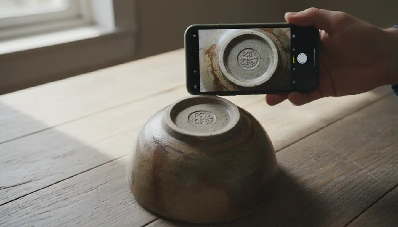 A person using a smartphone to photograph a maker's mark on the bottom of a ceramic bowl.