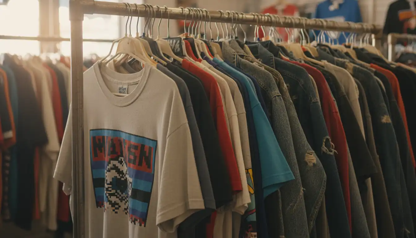 A crowded clothing rack in a thrift store featuring vintage graphic t-shirts and denim jackets.