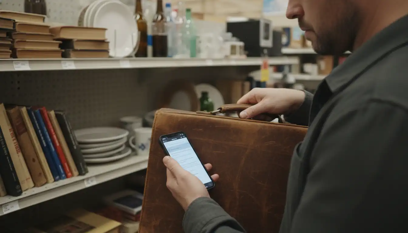 A professional reseller using a smartphone to research a vintage leather bag in a thrift store aisle.