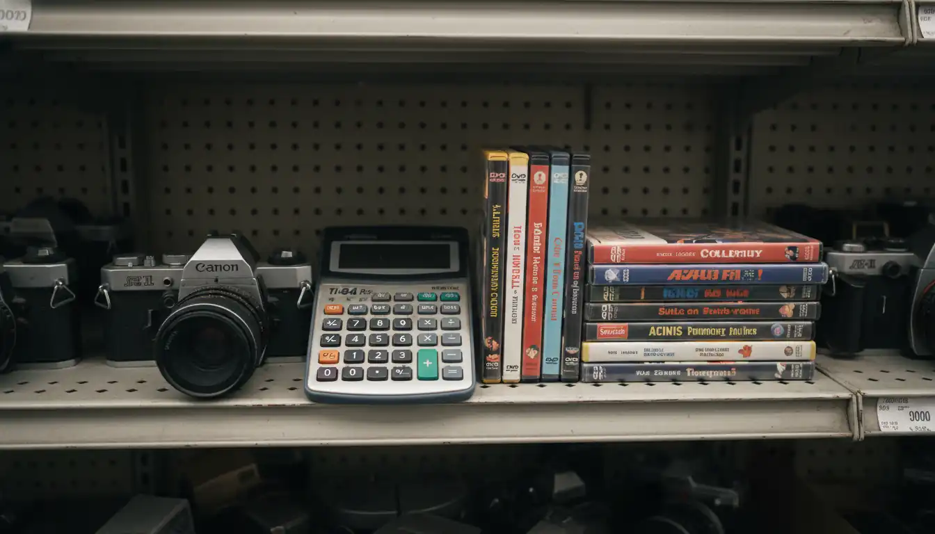 A graphing calculator, vintage film camera, and stack of DVDs on a metal thrift store shelf.