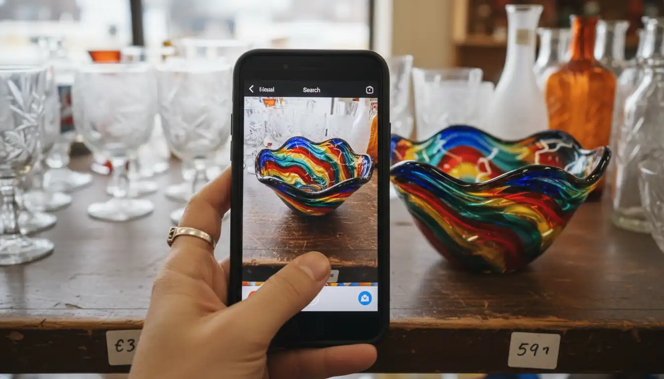 Hand holding a smartphone to identify a colorful glass bowl on a thrift store shelf.