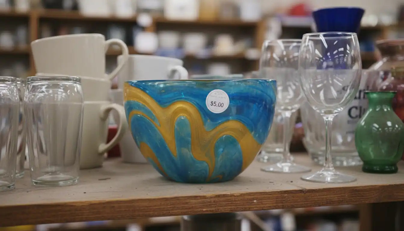 A blue and gold hand-blown glass bowl with a $5 price sticker on a thrift store shelf.