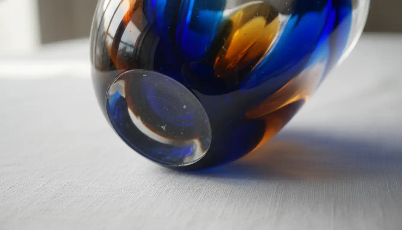 Macro view of a Murano glass bowl's layered colors and hand-ground pontil mark on a linen surface.