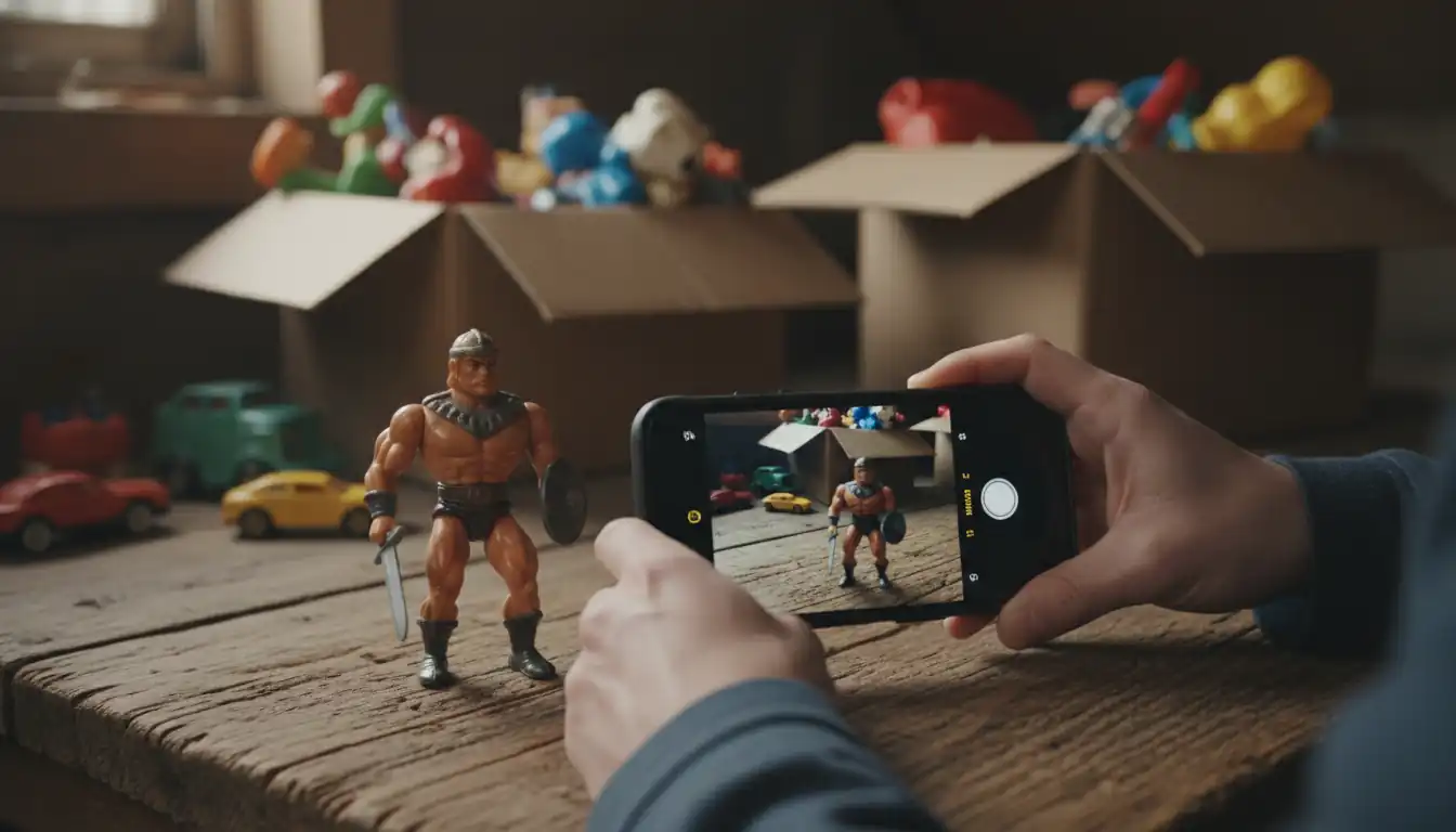 Hands using a smartphone to photograph a vintage action figure on a wooden table for appraisal.