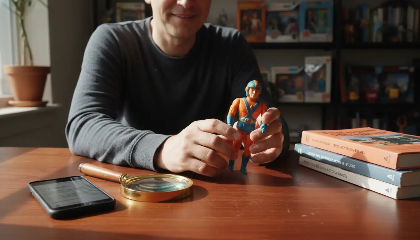A person appraising a vintage action figure at a wooden desk with a smartphone and magnifying glass nearby.