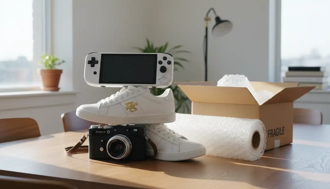 A handheld gaming console, sneakers, and a vintage camera on a table with shipping supplies in natural light.