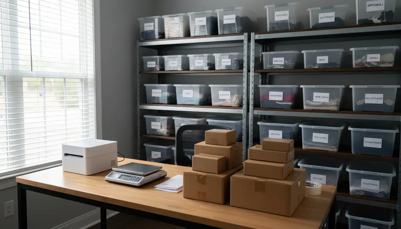 An organized professional resale shipping station with a thermal printer, scale, and inventory shelving in a bright room.
