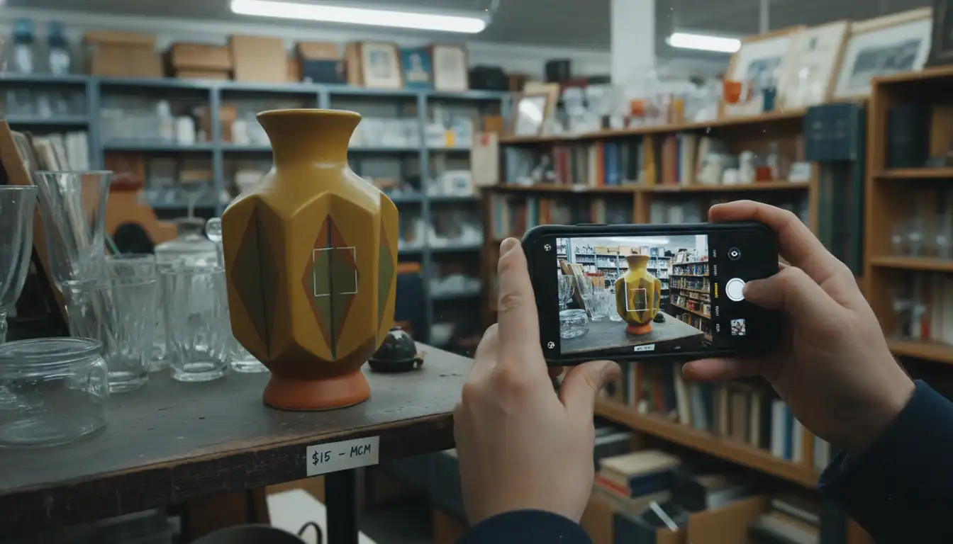 A person using a smartphone to scan a vintage ceramic vase on a thrift store shelf.
