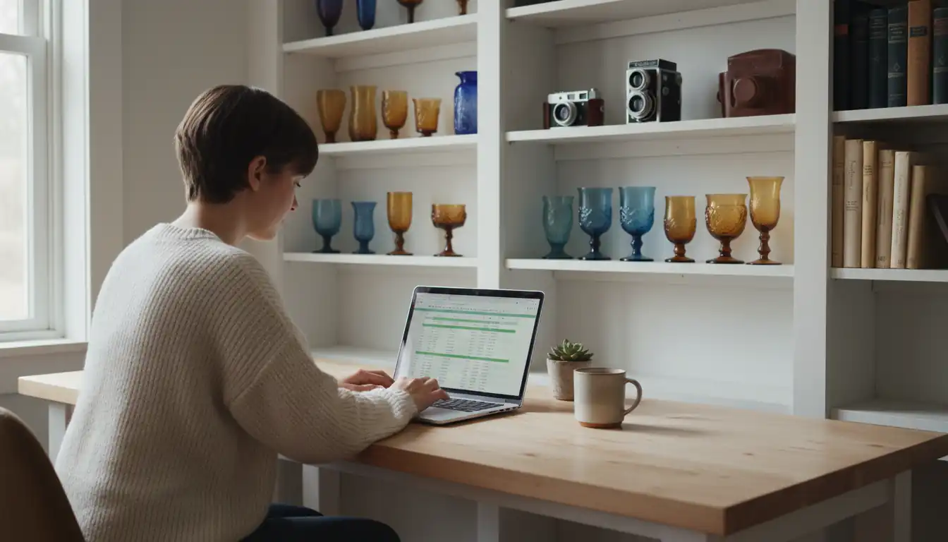 Person using a laptop to manage inventory in a home office filled with vintage thrifted items.