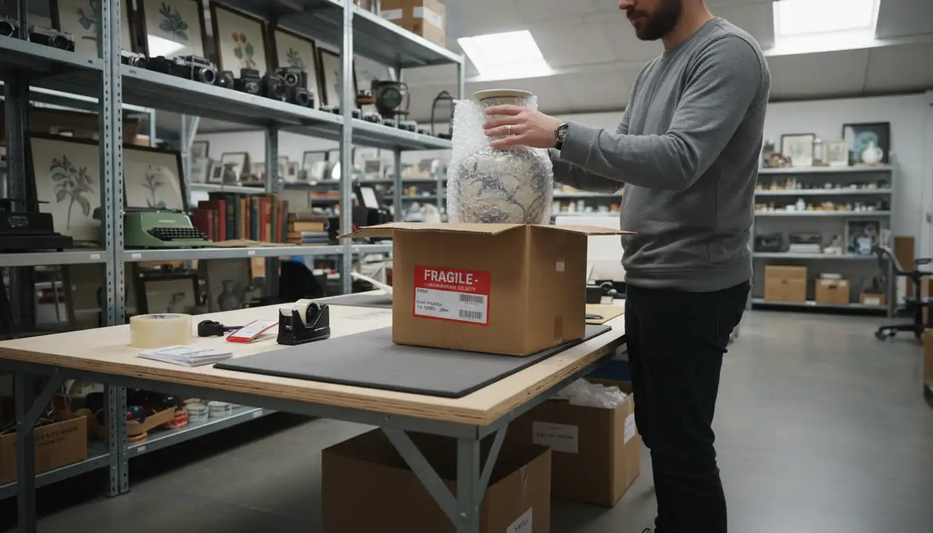 A person carefully packing a vintage ceramic vase for international shipping in a well-lit warehouse.