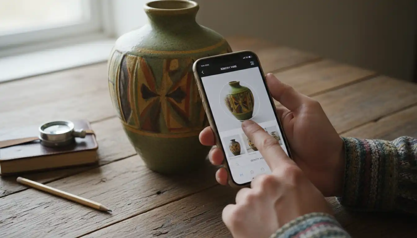 A person using a smartphone and jeweler's loupe to identify a vintage vase on a wooden table.