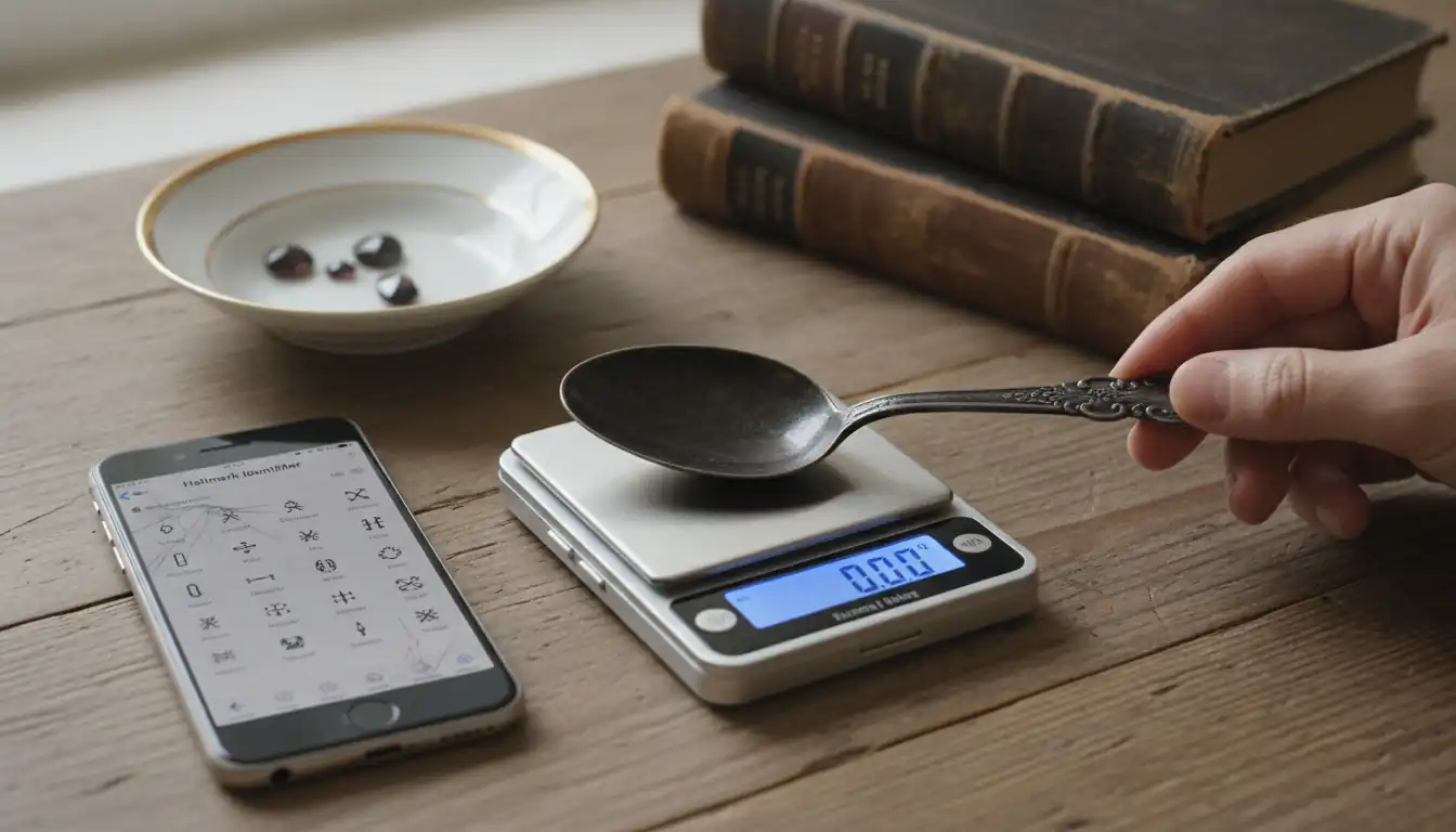 Hands placing a silver spoon on a digital scale next to a smartphone on a wooden table.