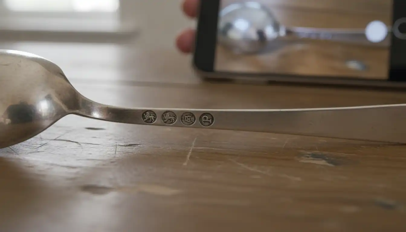 Close-up of silver hallmarks on a vintage spoon with a smartphone camera focusing on the stamps.