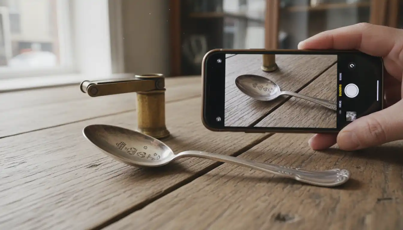 A hand holding an iPhone to photograph silver hallmarks on a spoon next to a jeweler's loupe.