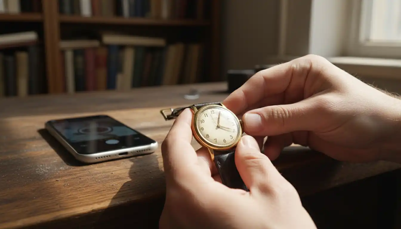 A person using a smartphone camera to examine a vintage mechanical wristwatch on a wooden desk.
