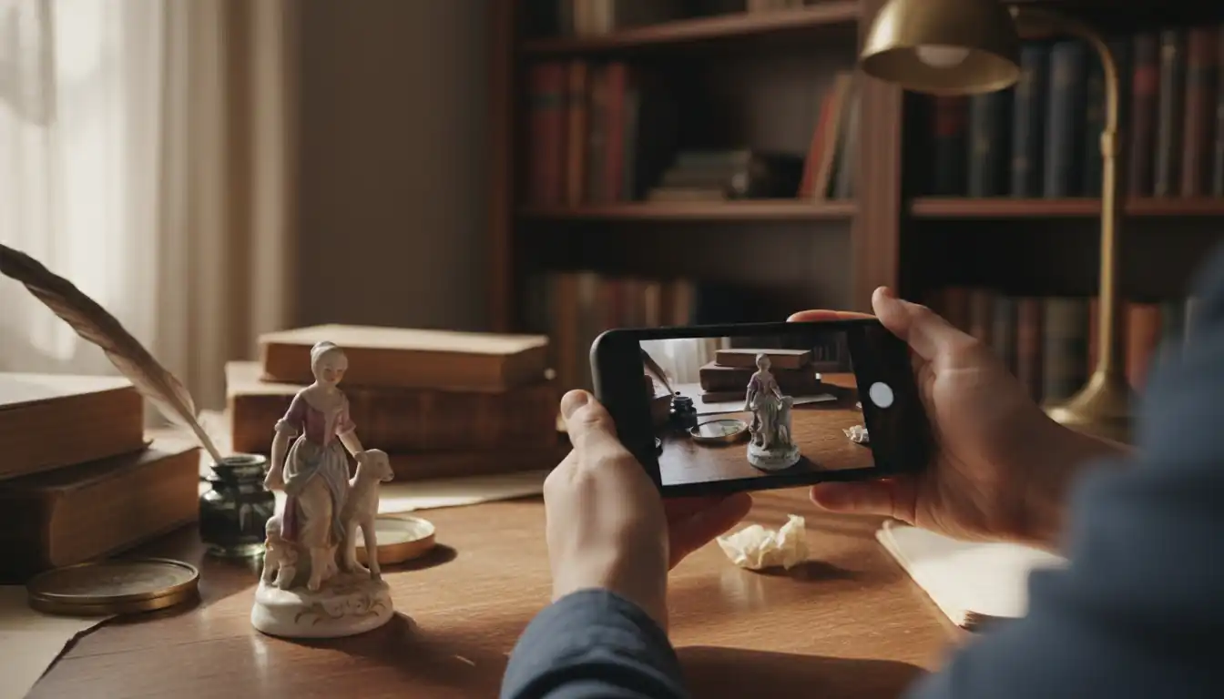 Person using a smartphone to photograph an antique porcelain figurine on a desk in a home study.