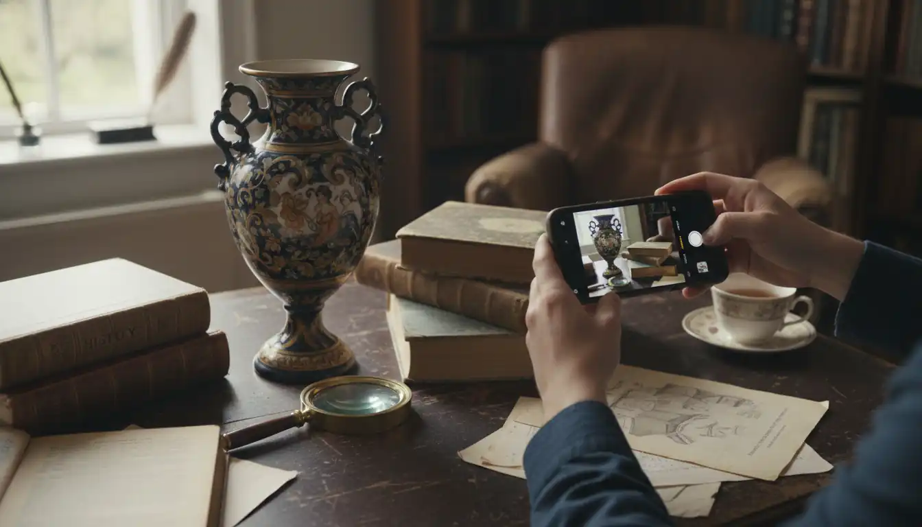A person using a smartphone to identify an antique ceramic vase next to traditional reference books and a magnifying glass.