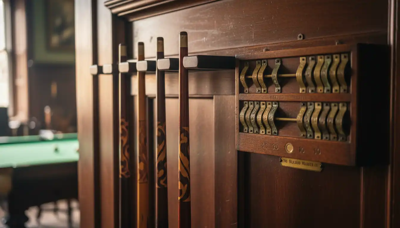 Antique mahogany cue rack and Victorian scoreboard mounted on a wood-paneled wall in a traditional billiards room.