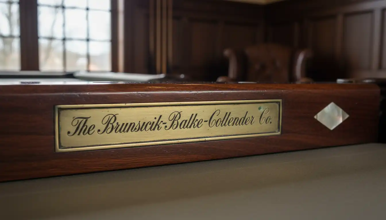 Close-up of an engraved brass maker's mark and mother-of-pearl inlay on an antique mahogany pool table.