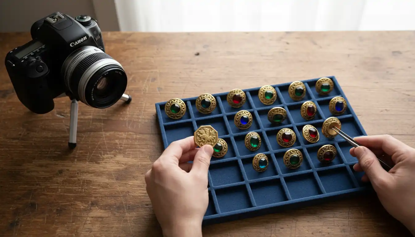 Antique buttons being organized into a compartmented storage tray on a wooden desk next to a camera.