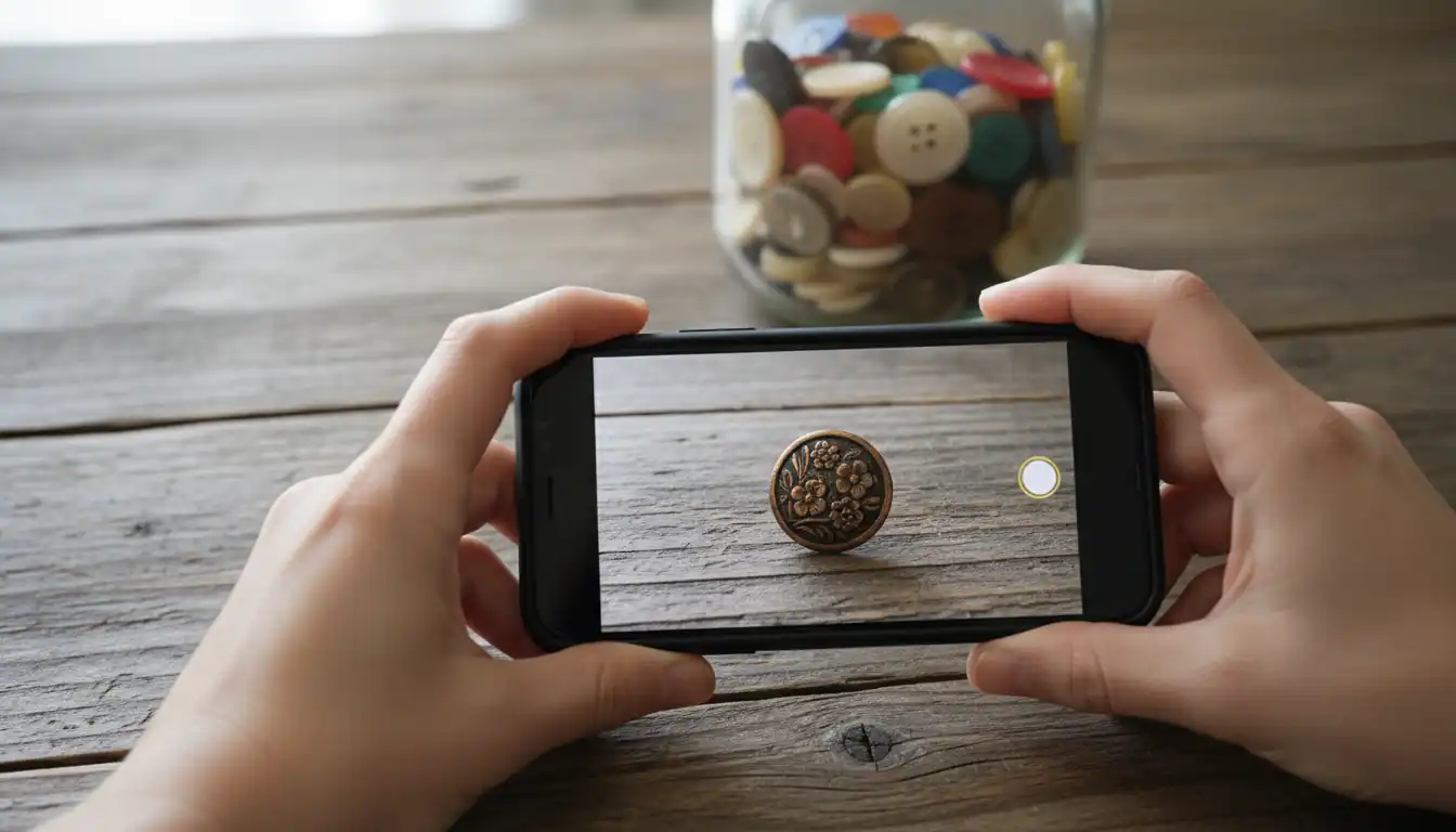 Person using a smartphone to photograph a rare antique brass button on a wooden table next to a button jar.