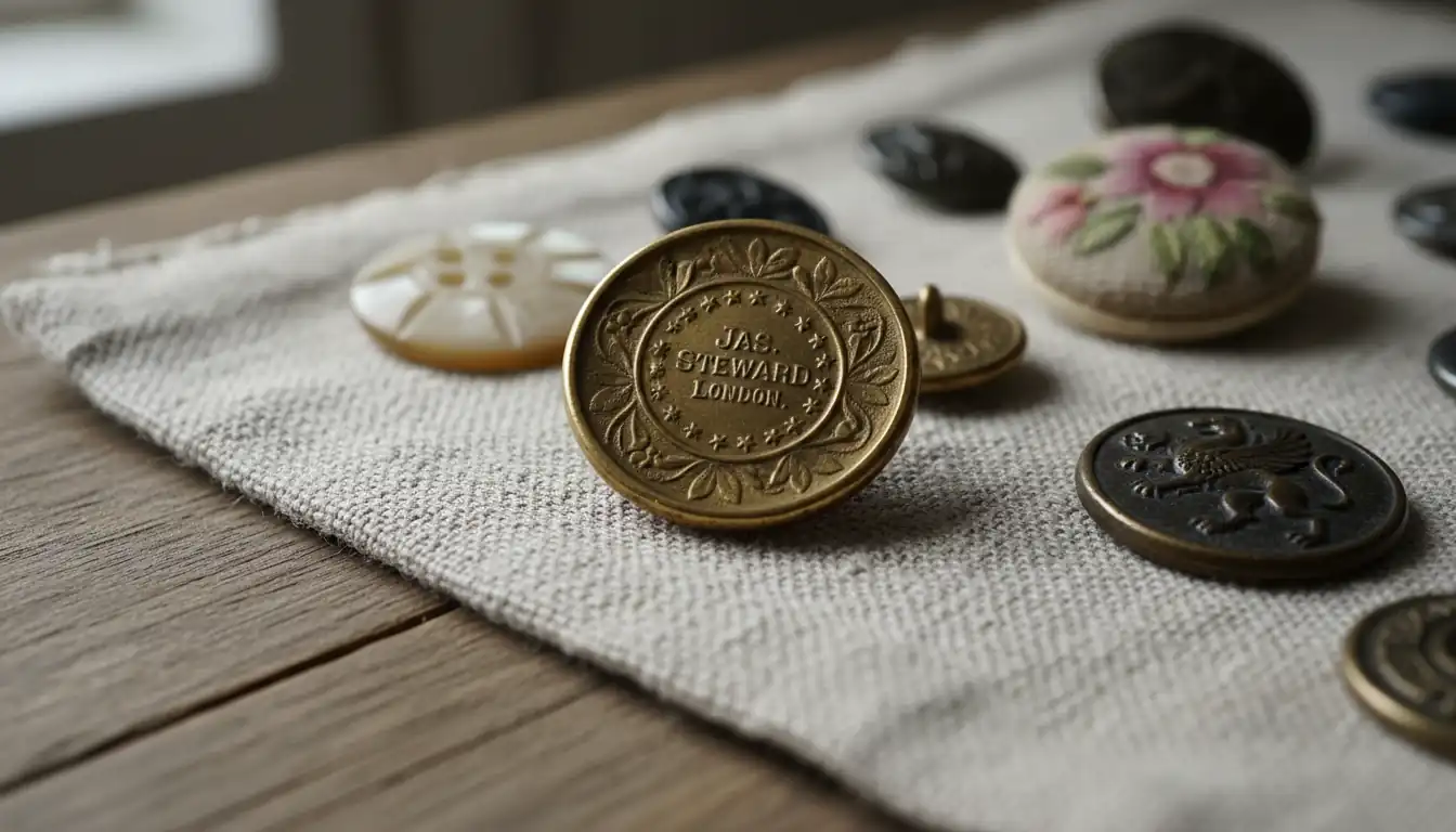 Close-up of antique buttons on linen, focusing on a manufacturer's mark on a brass button's back.