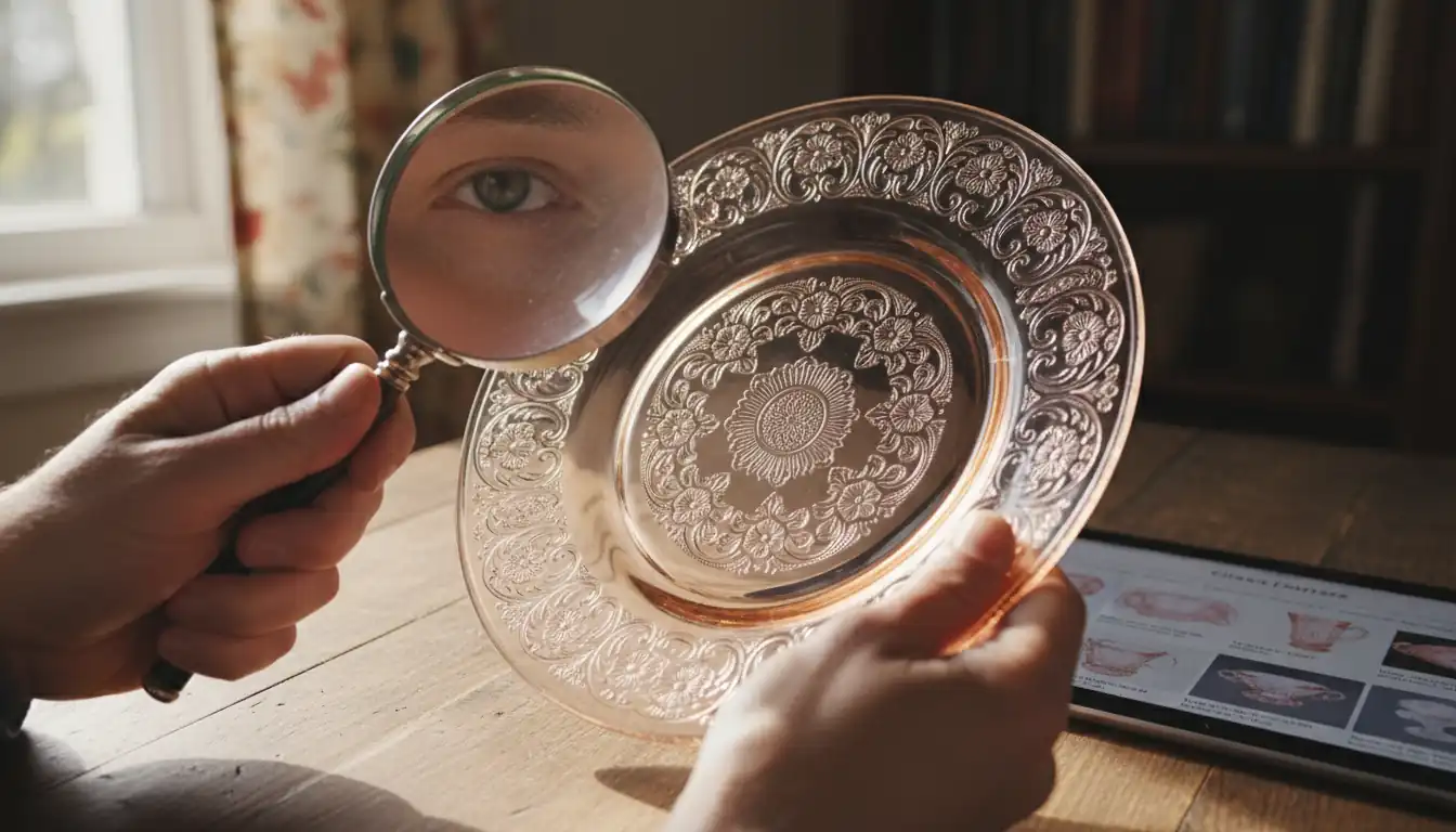 Hands using a magnifying glass to inspect a pink Depression glass plate on a wooden table.