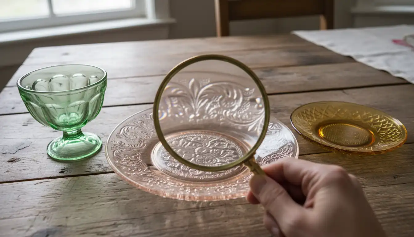 Close-up of vintage pink and green Depression glass on a wooden table with a magnifying glass inspecting patterns.