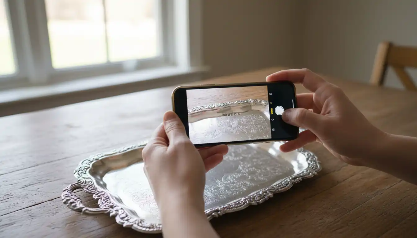 A person using a smartphone to photograph and identify hallmarks on a vintage silver tray on a wooden table.